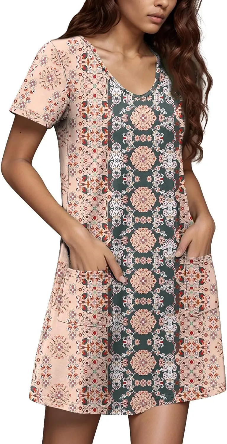 Summer Dresses for Women 2025 V-Neck Casual Print Dress Short Sleeve with Pockets Summer Bohemian Beach Dresses