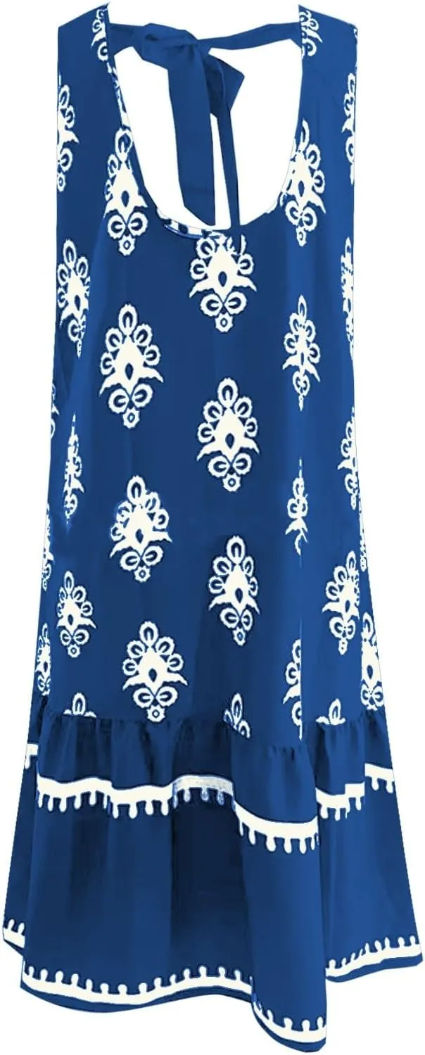Summer Dresses for Women Beach Floral Tshirt Sleeveless Flowy Sundress Casual Pocket Loose Boho Swing Mini Tank Dress