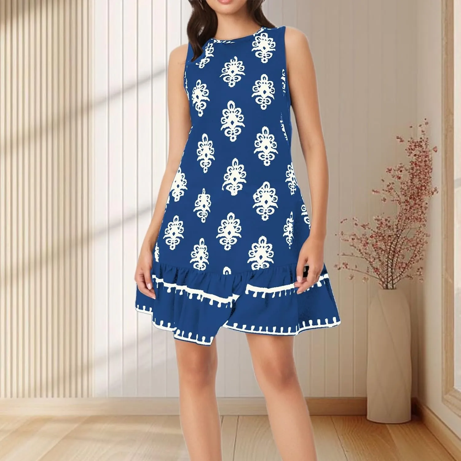 Summer Dresses for Women Beach Floral Tshirt Sleeveless Flowy Sundress Casual Pocket Loose Boho Swing Mini Tank Dress