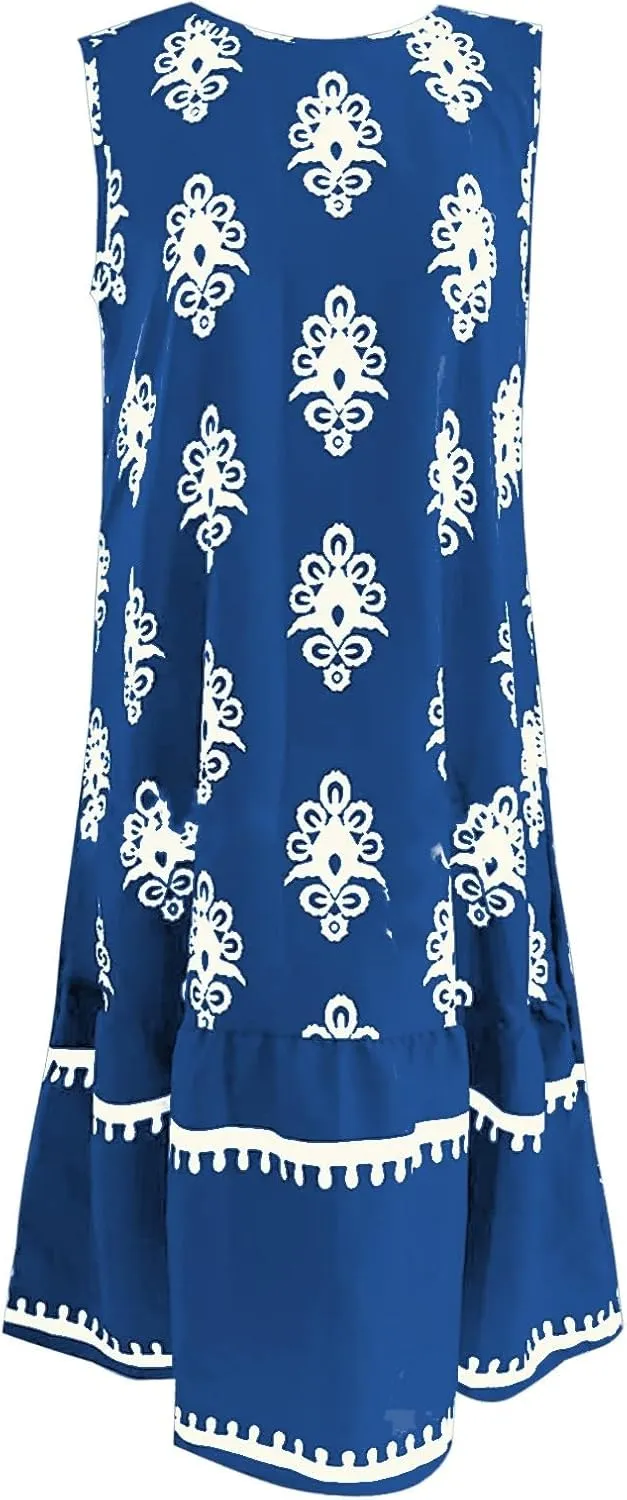 Summer Dresses for Women Beach Floral Tshirt Sleeveless Flowy Sundress Casual Pocket Loose Boho Swing Mini Tank Dress
