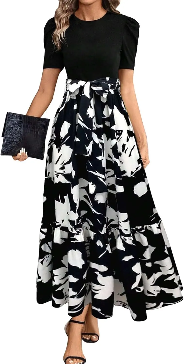 Summer Dresses Women 2025 Short Sleeve Floral Print Wrap Maxi Dress Patchwork Ruffle Hem A Line Dresses