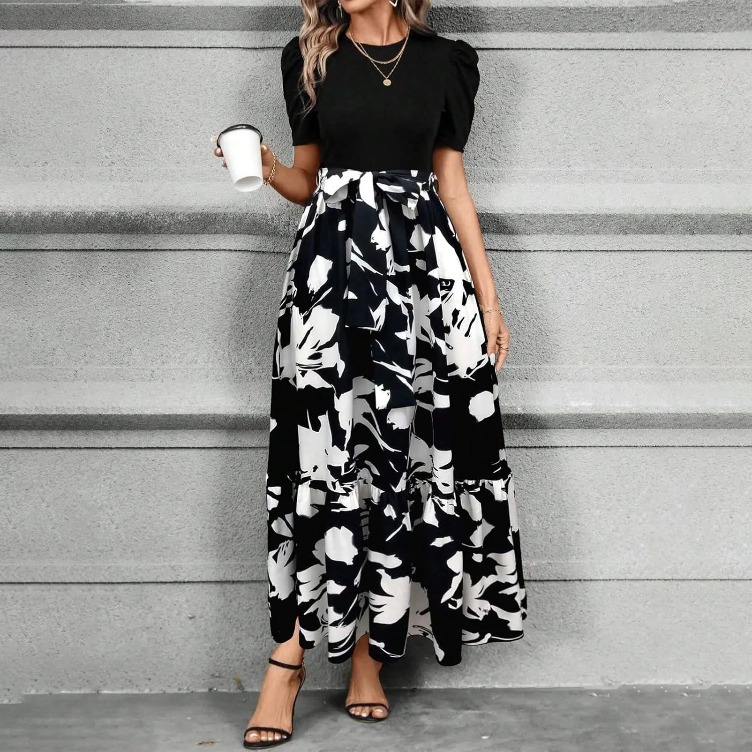 Summer Dresses Women 2025 Short Sleeve Floral Print Wrap Maxi Dress Patchwork Ruffle Hem A Line Dresses