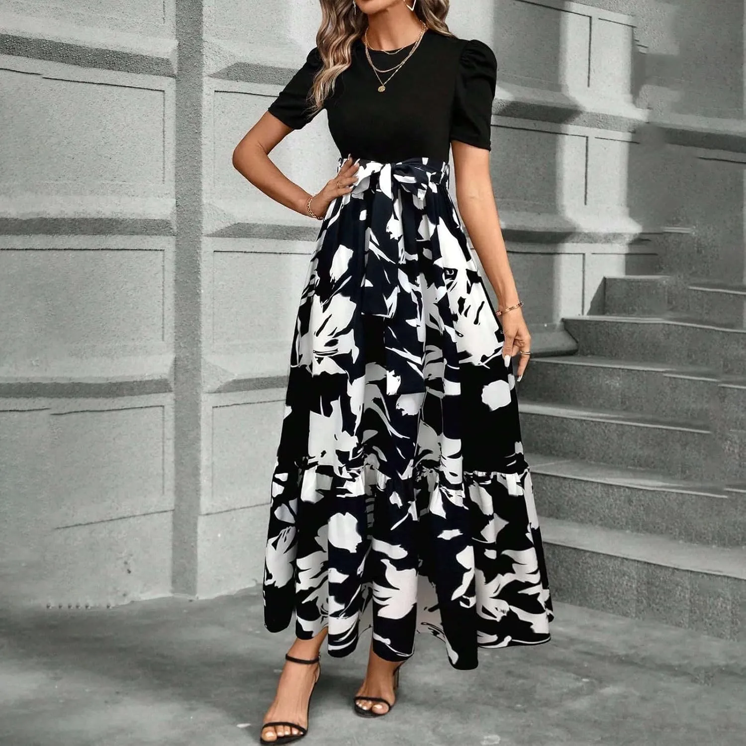 Summer Dresses Women 2025 Short Sleeve Floral Print Wrap Maxi Dress Patchwork Ruffle Hem A Line Dresses