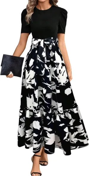 Summer Dresses Women 2025 Short Sleeve Floral Print Wrap Maxi Dress Patchwork Ruffle Hem A Line Dresses