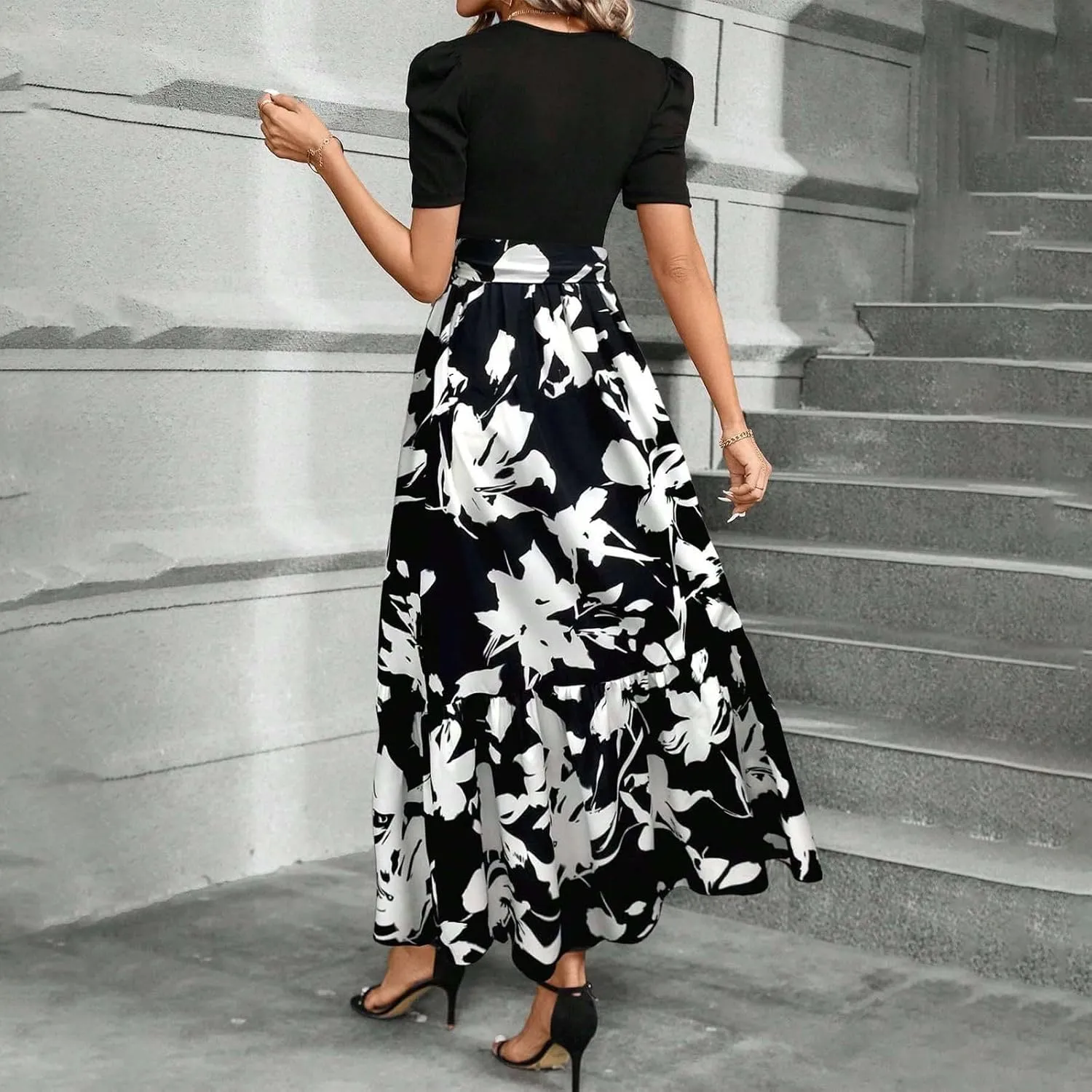 Summer Dresses Women 2025 Short Sleeve Floral Print Wrap Maxi Dress Patchwork Ruffle Hem A Line Dresses