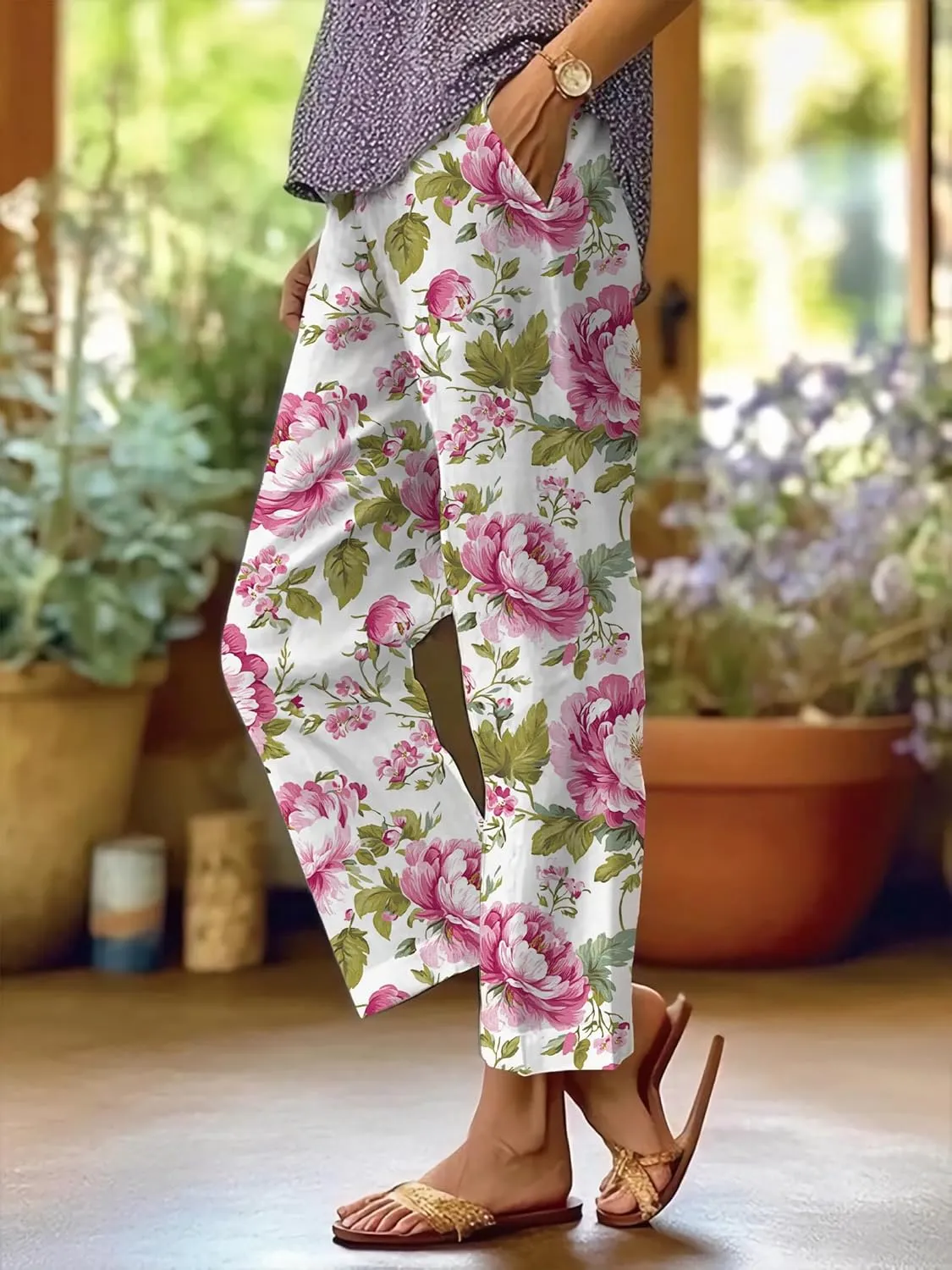 Summer Linen Pants for Women Wide Leg Boho Pants Loose Palazzo Pants Floral Pants with Drawstring and Pockets