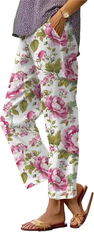 Summer Linen Pants for Women Wide Leg Boho Pants Loose Palazzo Pants Floral Pants with Drawstring and Pockets