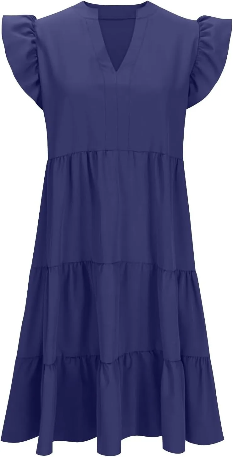 Summer Midi Dresses for Women Ruffle Cap Sleeve V Neck Boho Beach Dress Casual Flowy Tiered Pleated Sundress