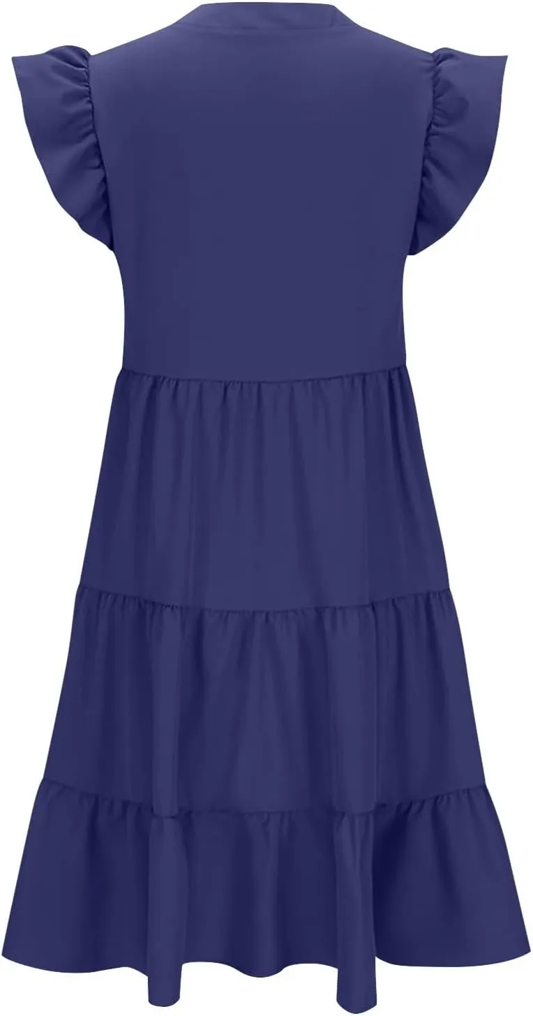 Summer Midi Dresses for Women Ruffle Cap Sleeve V Neck Boho Beach Dress Casual Flowy Tiered Pleated Sundress