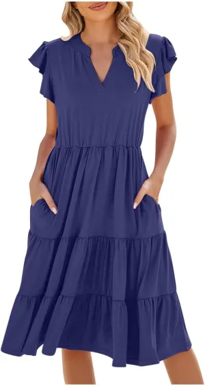 Summer Midi Dresses for Women Ruffle Cap Sleeve V Neck Boho Beach Dress Casual Flowy Tiered Pleated Sundress