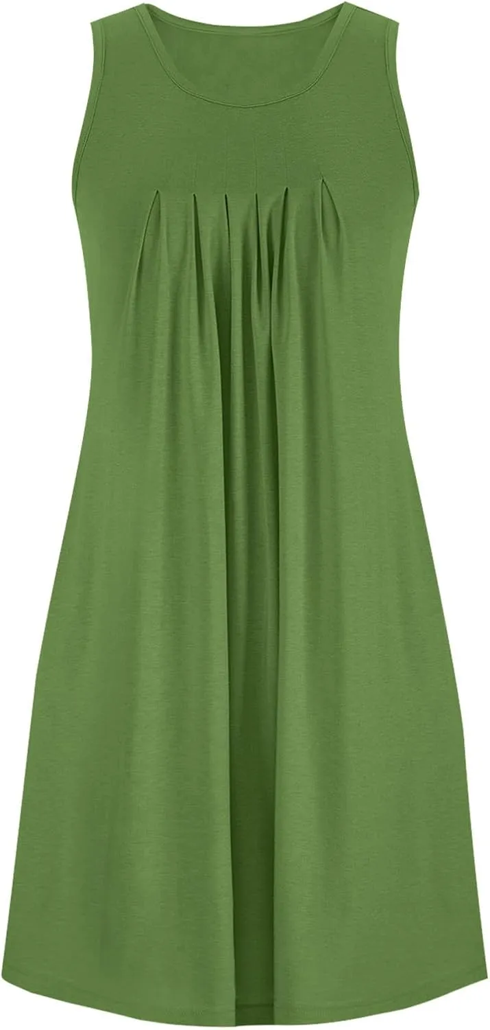 Sundresses for Women Beach Vacation Ruched Front Tank Dresses Summer Casual Sleeveless Mini Dresses with Pockets