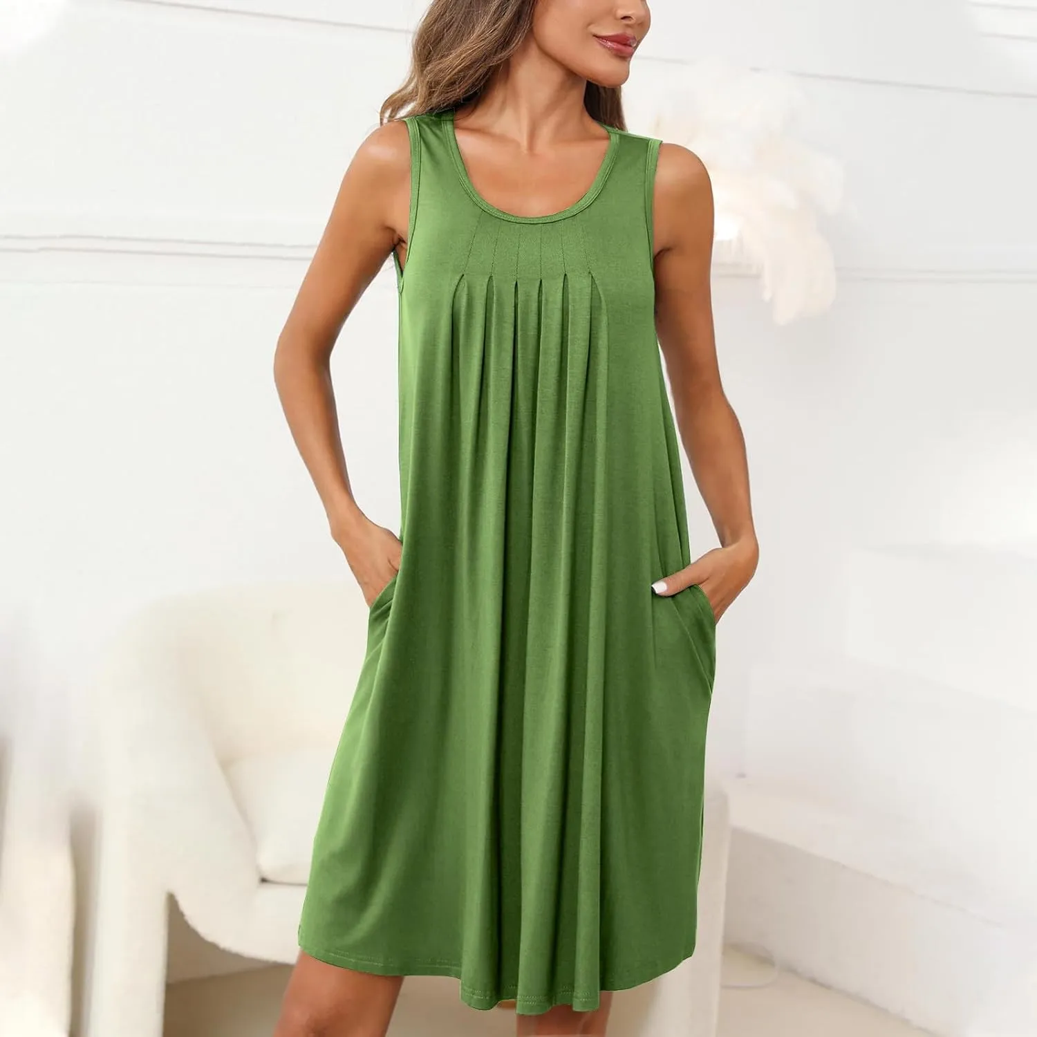 Sundresses for Women Beach Vacation Ruched Front Tank Dresses Summer Casual Sleeveless Mini Dresses with Pockets