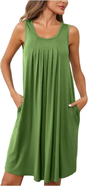 Sundresses for Women Beach Vacation Ruched Front Tank Dresses Summer Casual Sleeveless Mini Dresses with Pockets