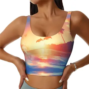 Sunset Dolphin Women's Sexy Sports Vest Sleeveless Athletic Gym T-Shirts Vest U-Shaped Back Quick Dry Top