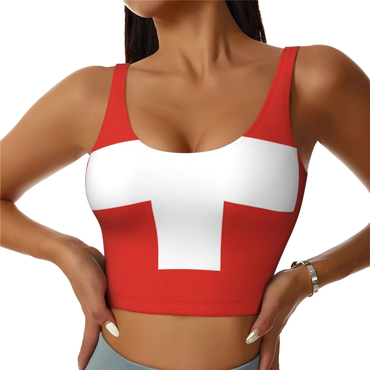 Swiss Flag Women's Sexy Sports Vest Sleeveless Athletic Gym T-Shirts Vest U-Shaped Back Quick Dry Top