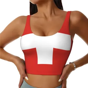 Swiss Flag Women's Sexy Sports Vest Sleeveless Athletic Gym T-Shirts Vest U-Shaped Back Quick Dry Top