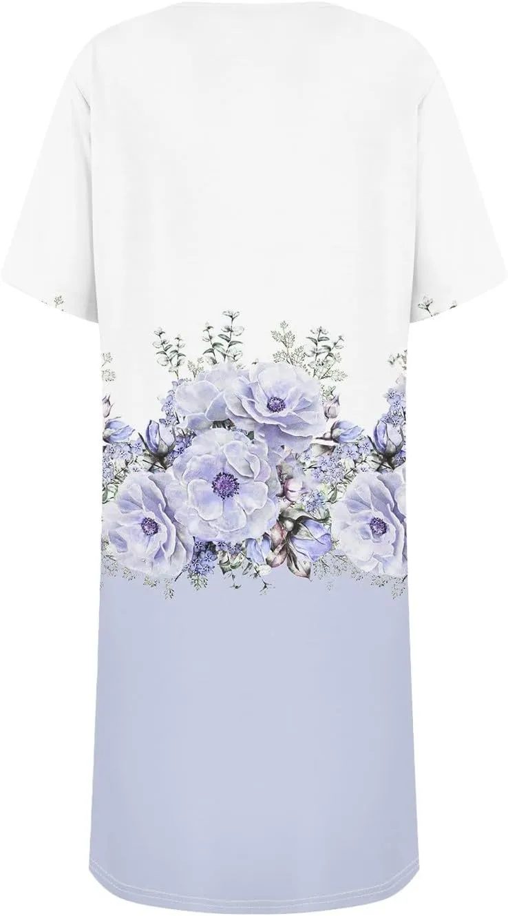 T Shirt Dresses for Women 2025 Casual Summer V Neck Short Sleeve Floral Beach Boho Tank Flowy Mini Sundress Casual, S-3Xl