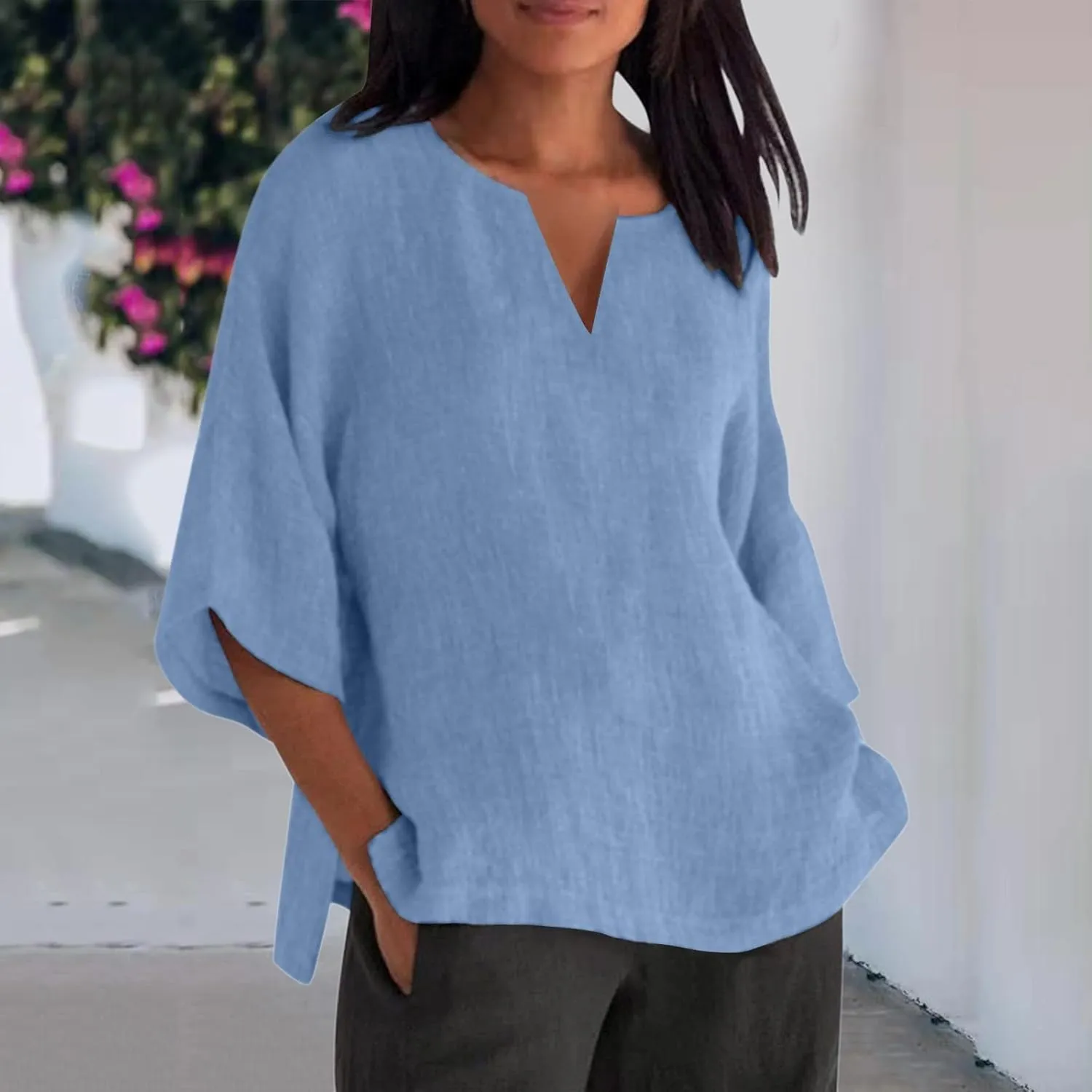 T Shirts for Women V Neck Three Quarter Sleeve Linen Solid Color Loose Fit Summer Casual Blouse Trendy Tops