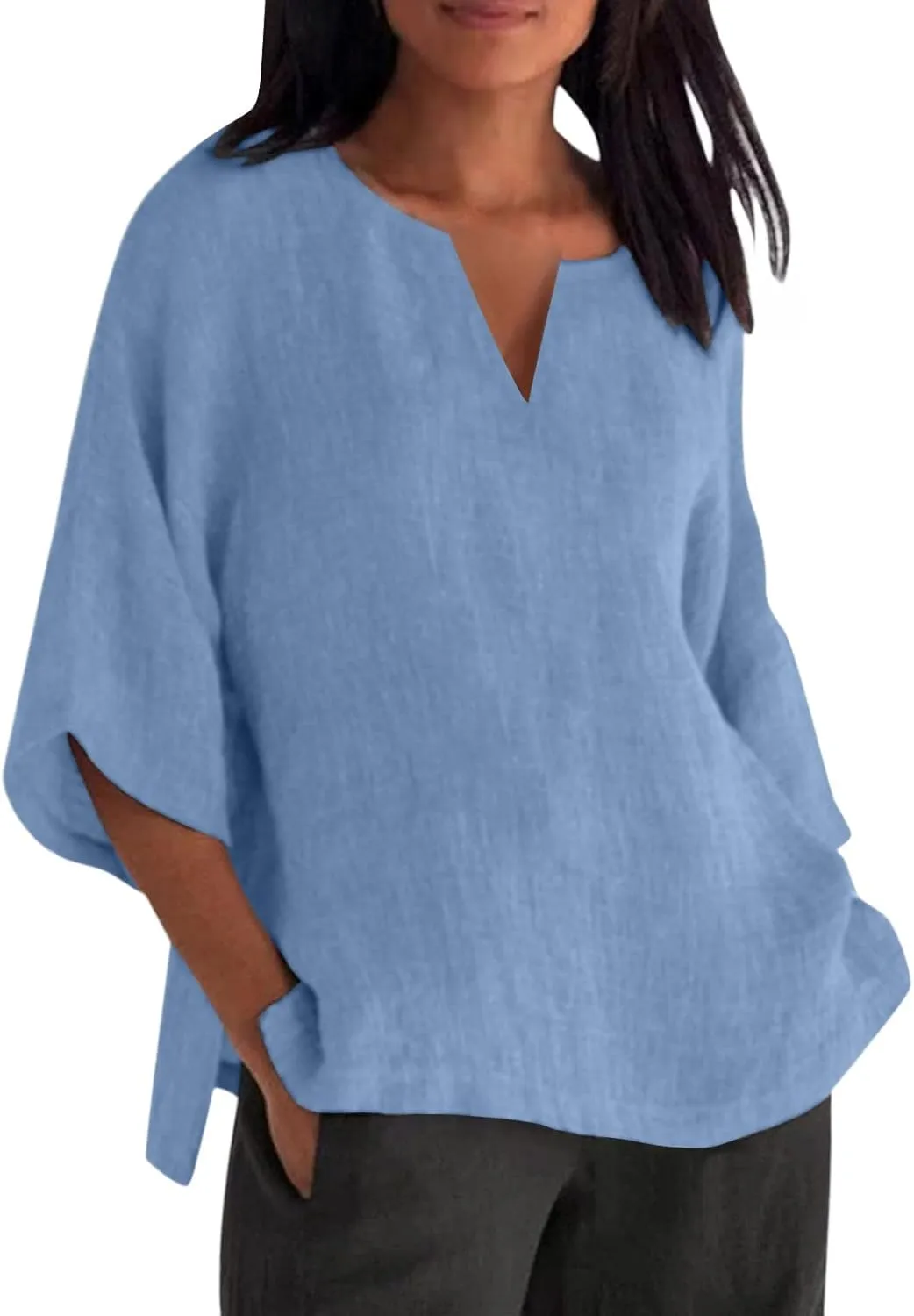 T Shirts for Women V Neck Three Quarter Sleeve Linen Solid Color Loose Fit Summer Casual Blouse Trendy Tops