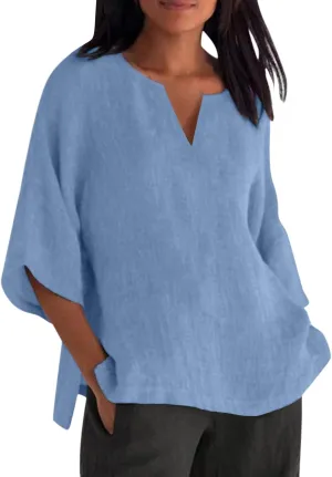 T Shirts for Women V Neck Three Quarter Sleeve Linen Solid Color Loose Fit Summer Casual Blouse Trendy Tops