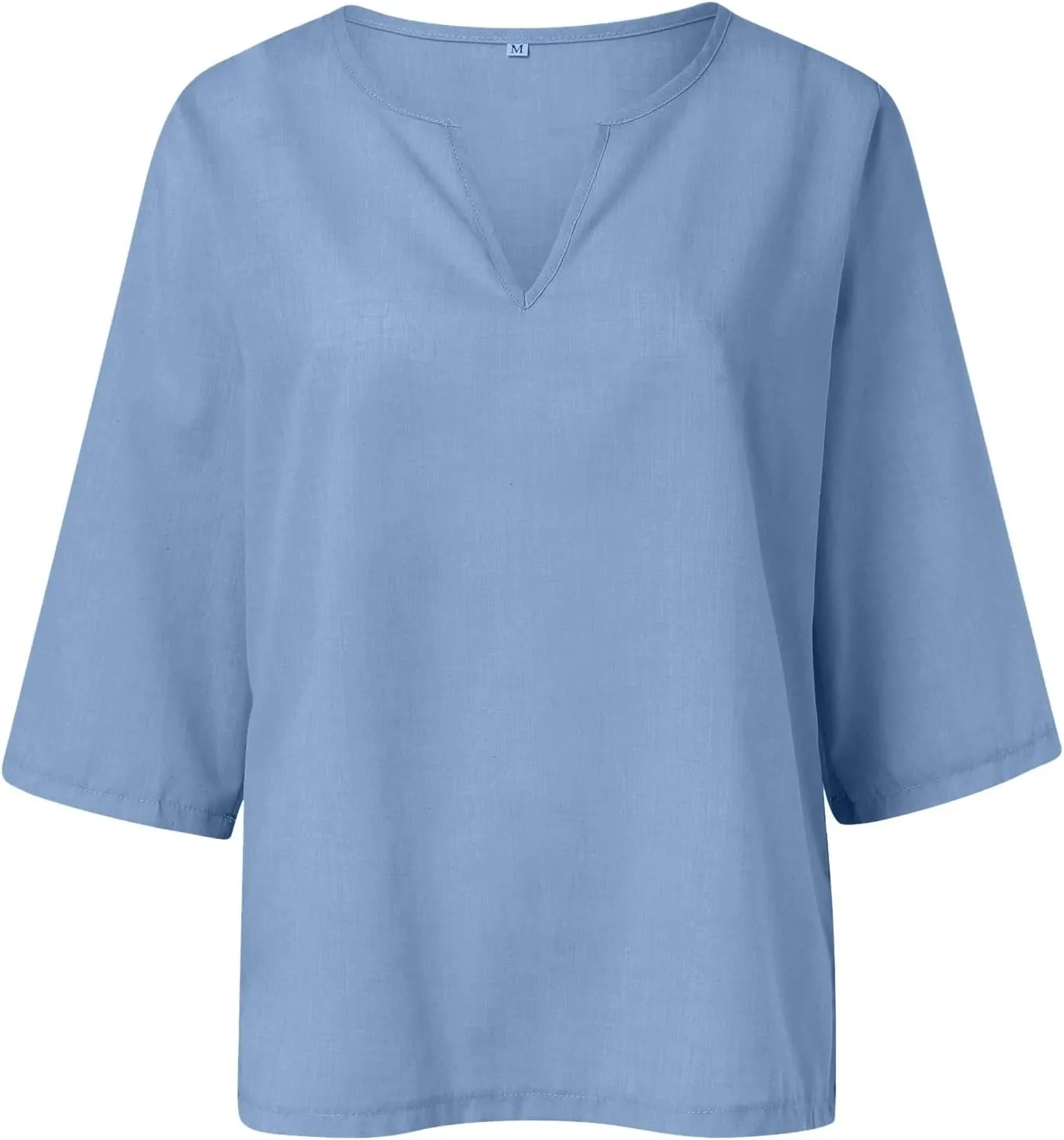 T Shirts for Women V Neck Three Quarter Sleeve Linen Solid Color Loose Fit Summer Casual Blouse Trendy Tops