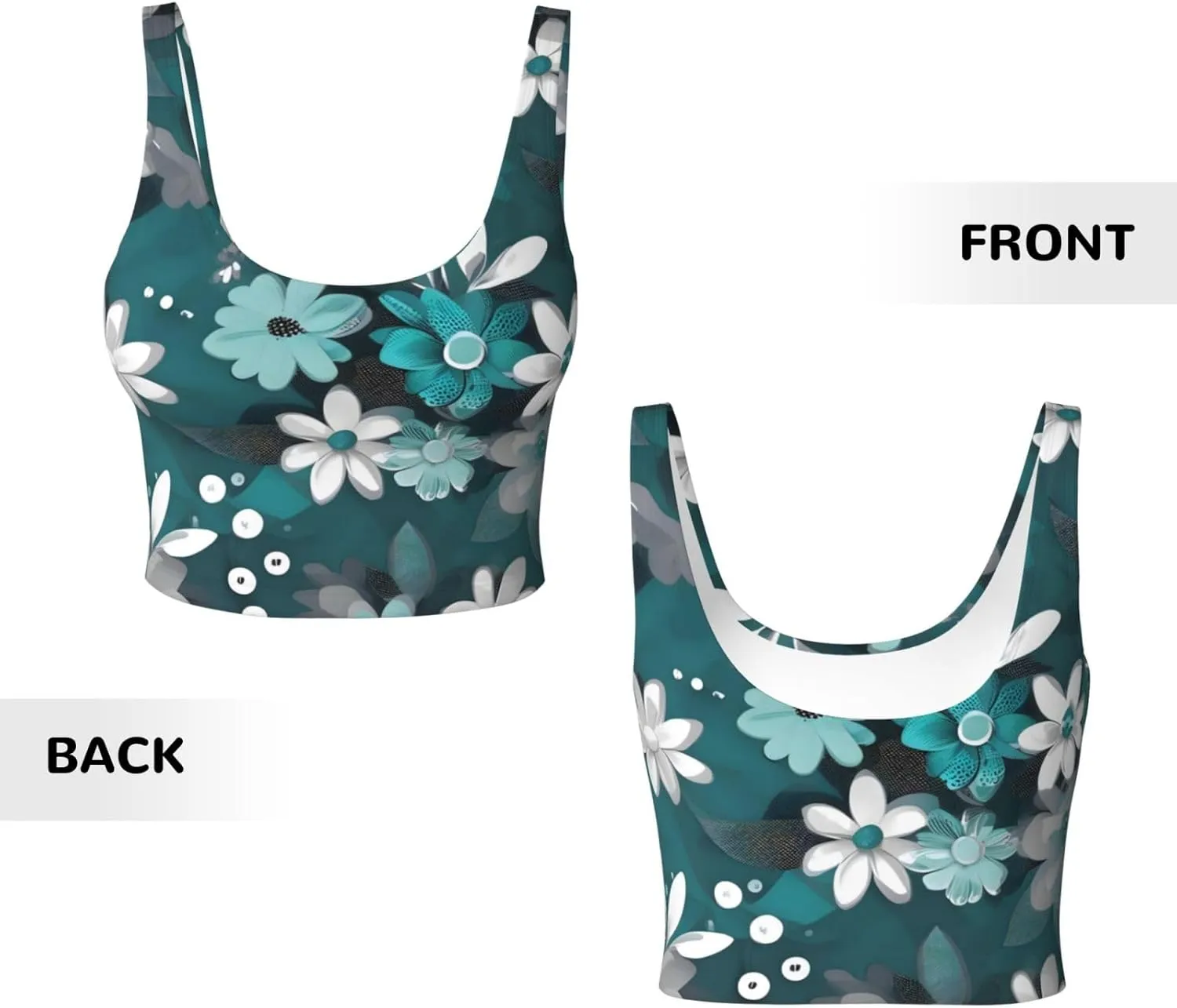 Teal Grey and White Floral Women's Sexy Sports Vest Sleeveless Athletic Gym T-Shirts Vest U-Shaped Back Quick Dry Top
