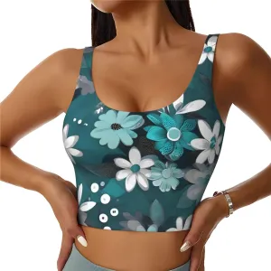 Teal Grey and White Floral Women's Sexy Sports Vest Sleeveless Athletic Gym T-Shirts Vest U-Shaped Back Quick Dry Top