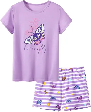 Tebbis Girls Pajamas Cotton Soft PJS Cupcake/Butterfly Stripe Summer Short Cute Jammies Size 6-18