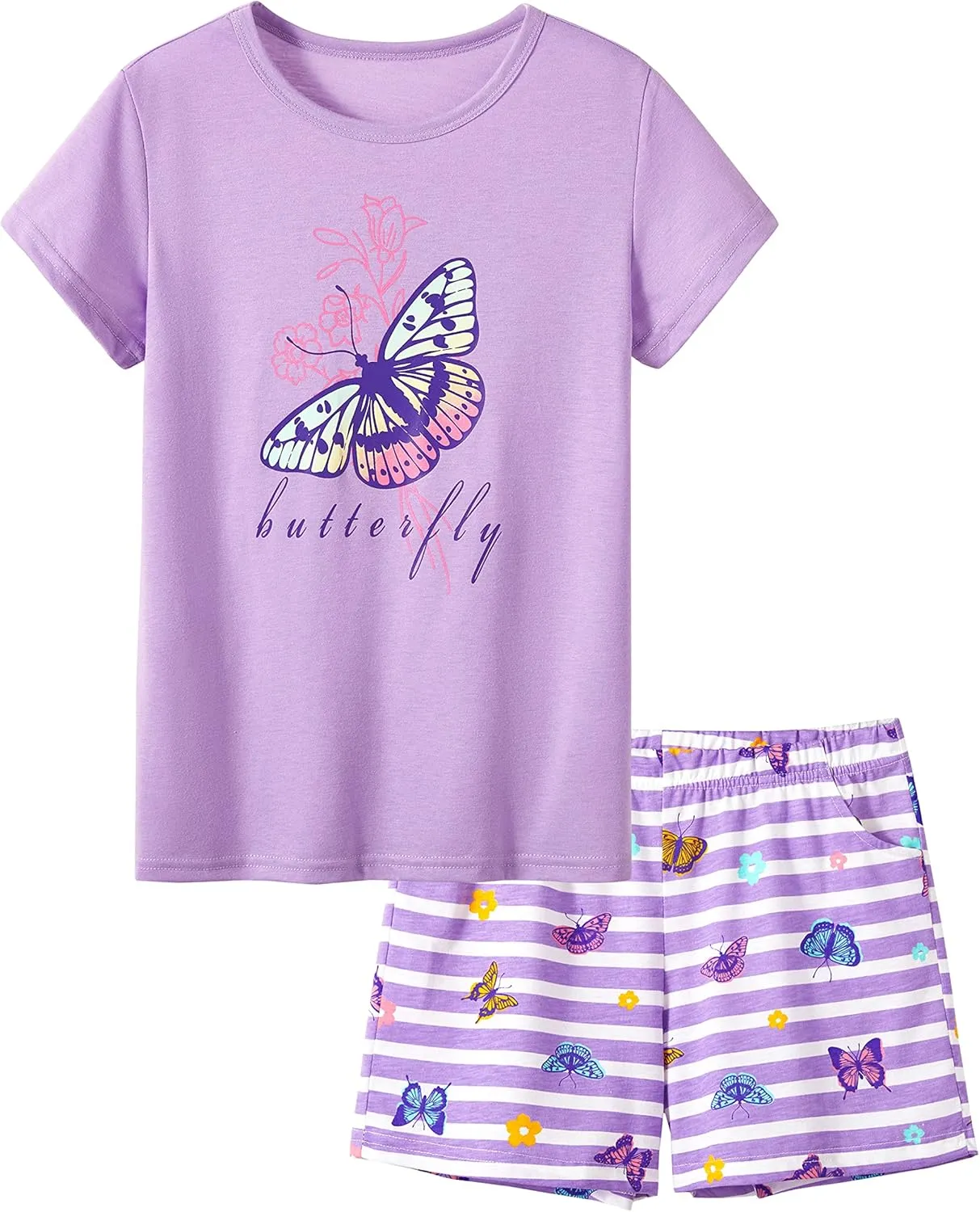 Tebbis Girls Pajamas Cotton Soft PJS Cupcake/Butterfly Stripe Summer Short Cute Jammies Size 6-18