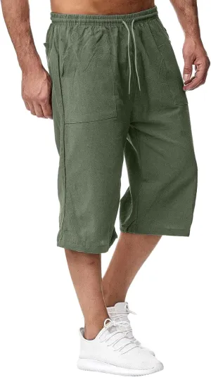 Thatrich Mens 3/4 Sweatpants Cotton Linen Elastic Waist Pants Breathable Joggers Workout Athletic Pant Lightweight for Summer