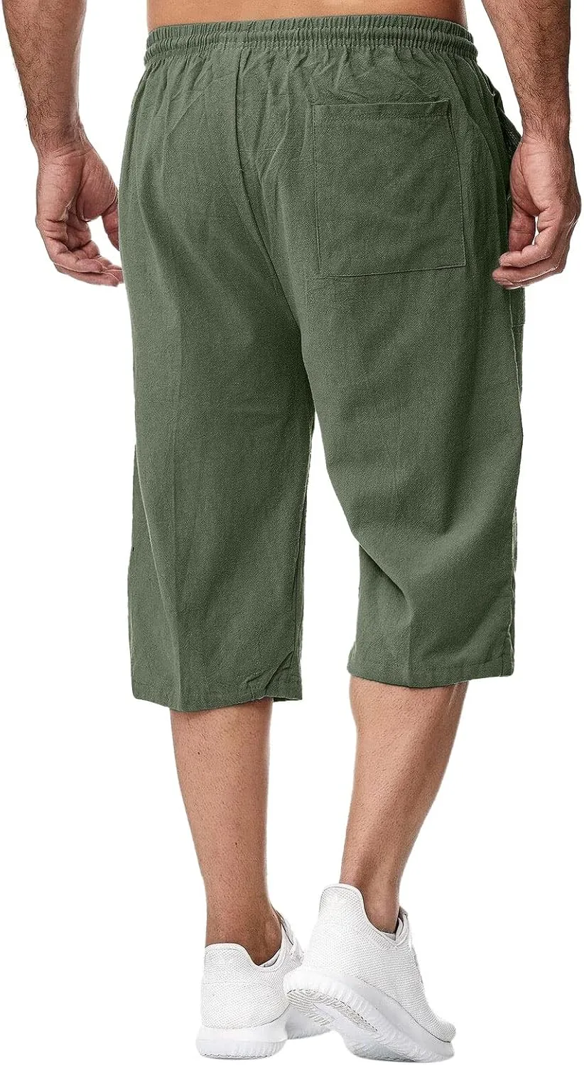 Thatrich Mens 3/4 Sweatpants Cotton Linen Elastic Waist Pants Breathable Joggers Workout Athletic Pant Lightweight for Summer