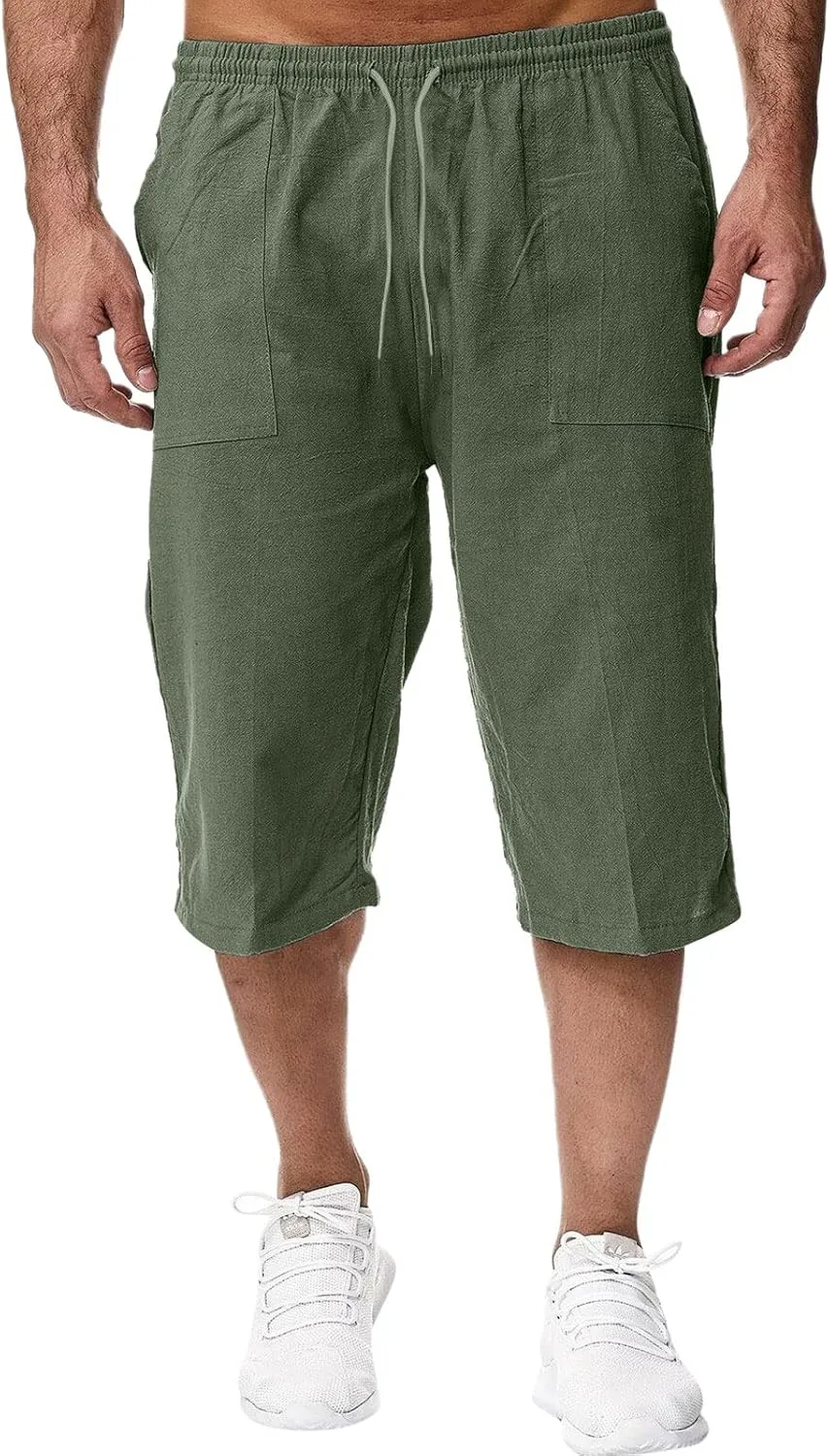 Thatrich Mens 3/4 Sweatpants Cotton Linen Elastic Waist Pants Breathable Joggers Workout Athletic Pant Lightweight for Summer