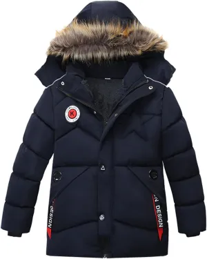 Toddler Boys Winter Coat with Faux Fur Hooded Puffer Parka Ski Jacket Down-Alternative Warm Outerwear for Kids 2-4T