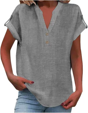 Tops for Women Trendy Summer 2025 Solid Color Cotton Linen Shirts Short Sleeve V Neck Outfits Casual Loose Fit Blouses