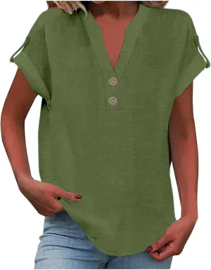 Tops for Women Trendy Summer 2025 Solid Color Cotton Linen T-Shirts Short Sleeve V Neck Blouses Button Down Outfits