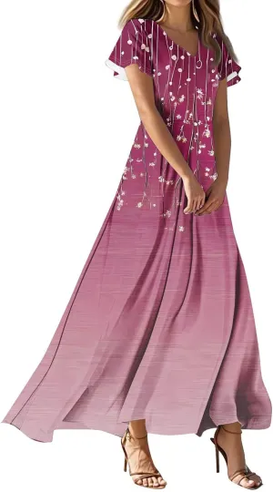 Tropical Dresses for Women Sundresses V Neck Short Sleeve Floral Printed Ruched Boho Beach Party Maxi Dress, S-2Xl