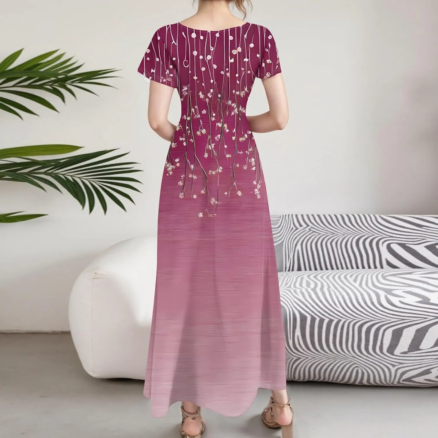 Tropical Dresses for Women Sundresses V Neck Short Sleeve Floral Printed Ruched Boho Beach Party Maxi Dress, S-2Xl