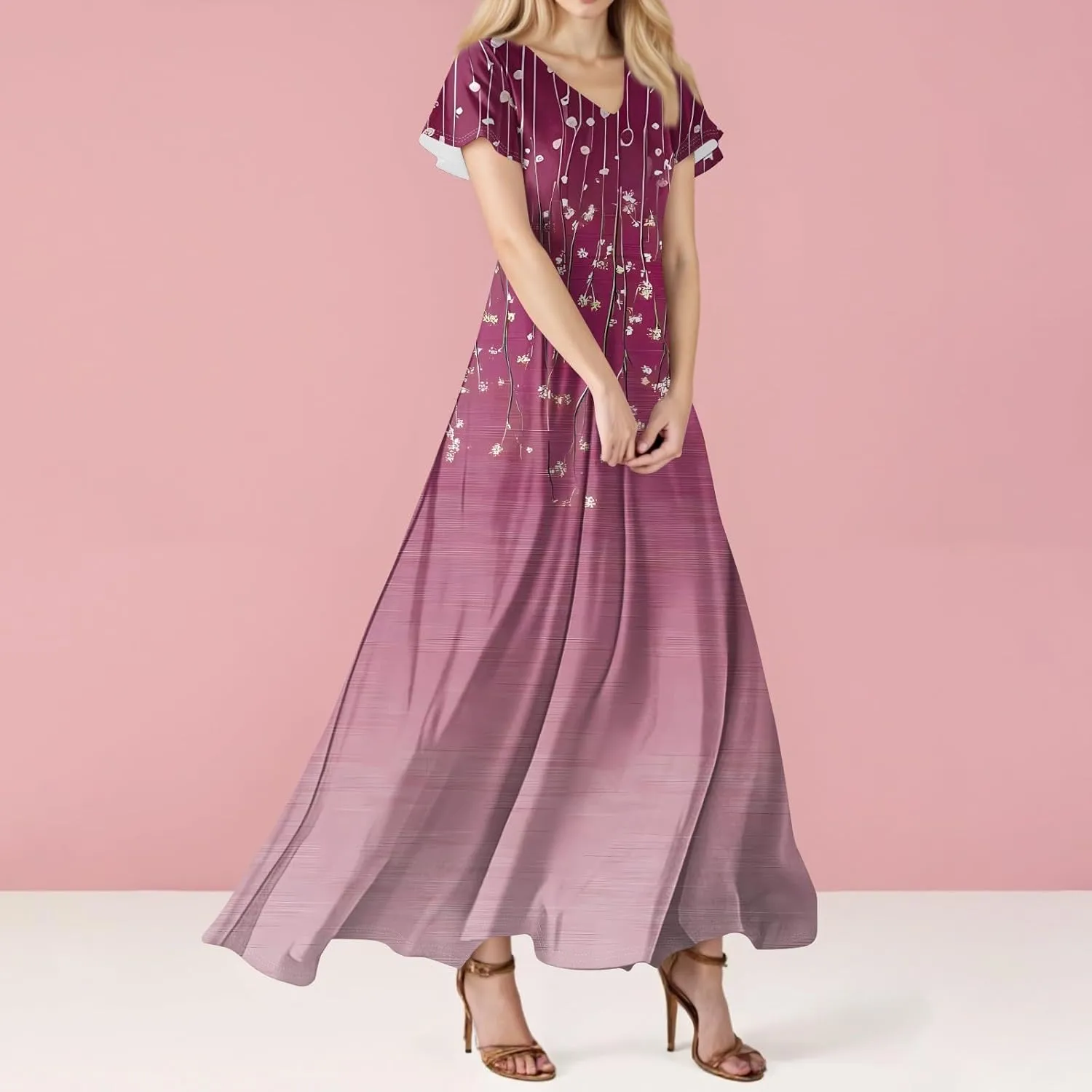 Tropical Dresses for Women Sundresses V Neck Short Sleeve Floral Printed Ruched Boho Beach Party Maxi Dress, S-2Xl