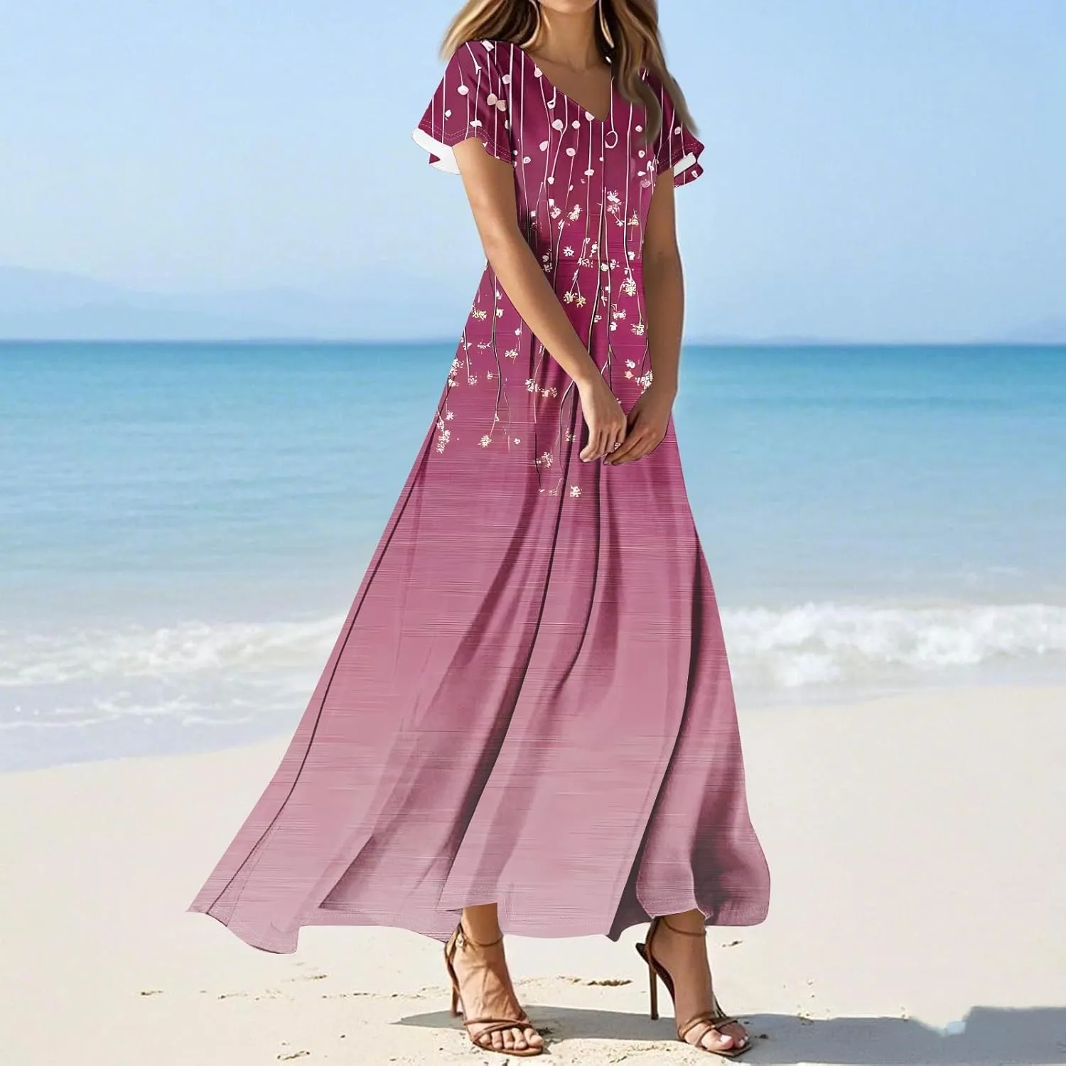 Tropical Dresses for Women Sundresses V Neck Short Sleeve Floral Printed Ruched Boho Beach Party Maxi Dress, S-2Xl