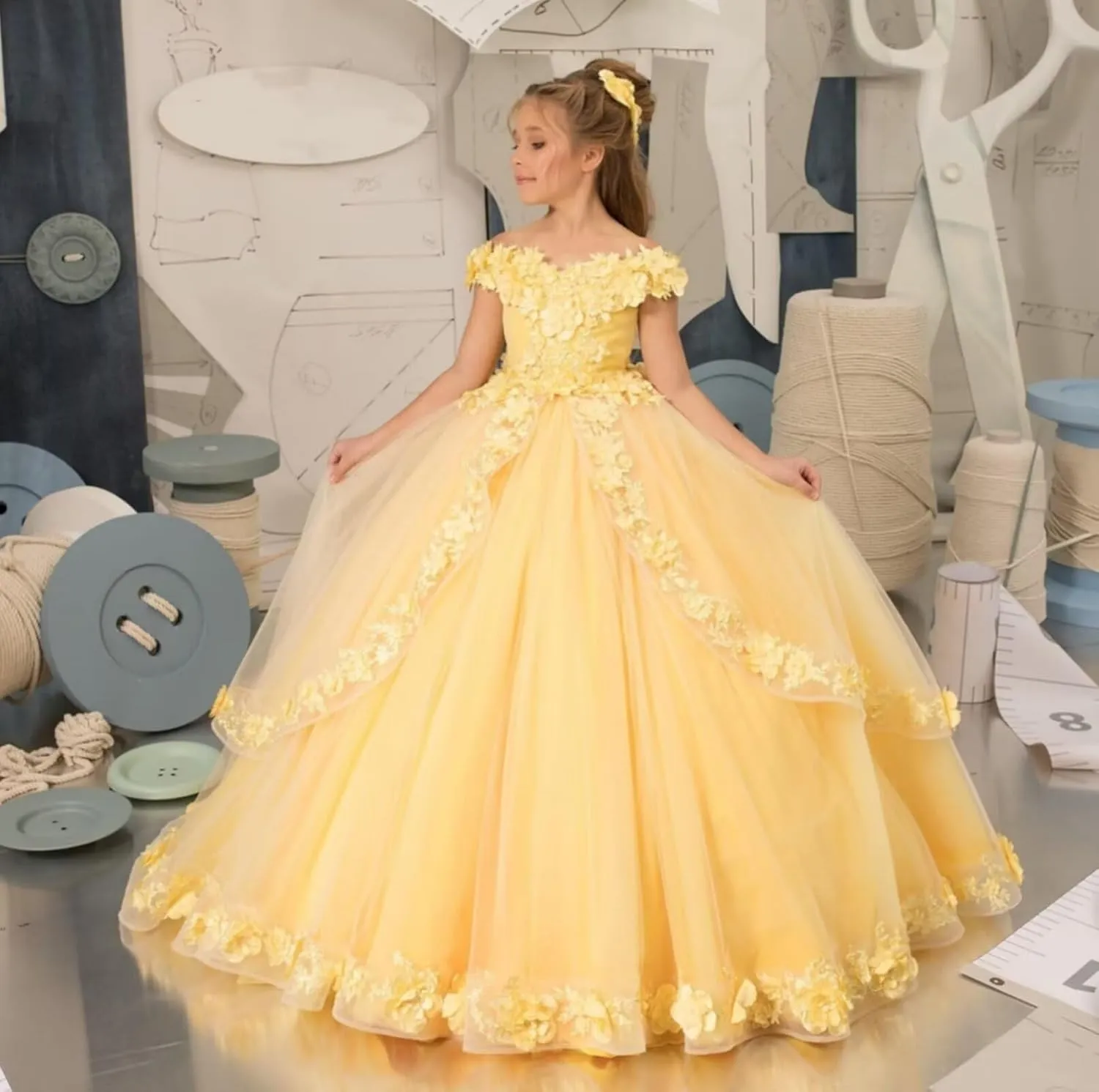 Tulle Pageant Dress for Girls Off The Shoulder Flower Girl Dresses 3D Floral Princess Ball Gown First Communion Dress