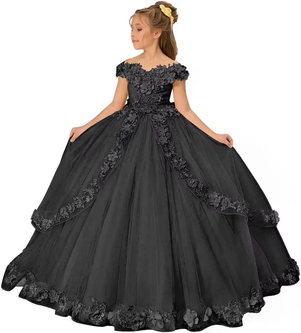 Tulle Pageant Dress for Girls Off The Shoulder Flower Girl Dresses 3D Floral Princess Ball Gown First Communion Dress