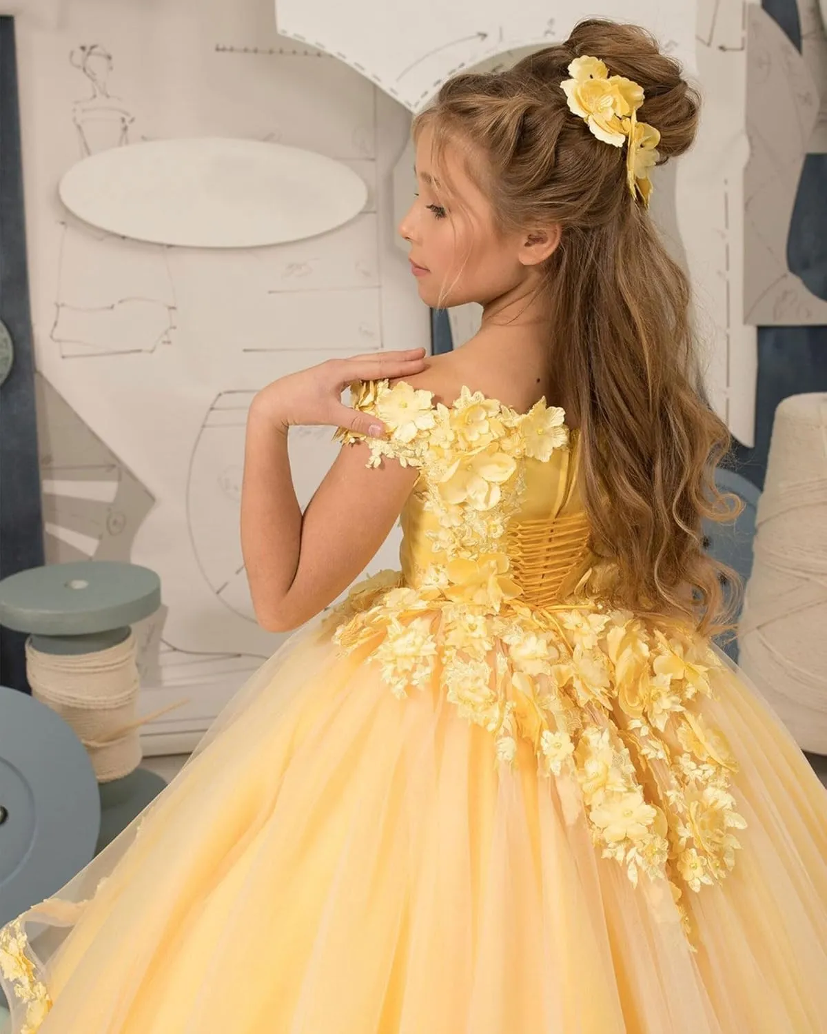 Tulle Pageant Dress for Girls Off The Shoulder Flower Girl Dresses 3D Floral Princess Ball Gown First Communion Dress