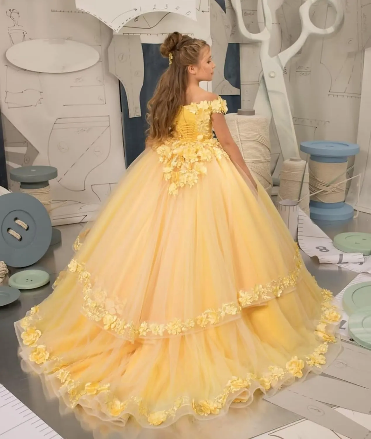 Tulle Pageant Dress for Girls Off The Shoulder Flower Girl Dresses 3D Floral Princess Ball Gown First Communion Dress