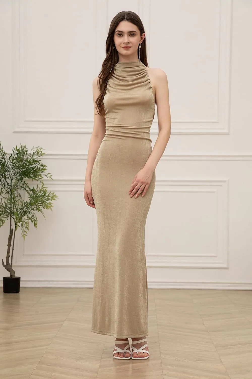 Velius Womens Sexy Halter Lace-up Ruched Backless Maxi Dress Clubwear