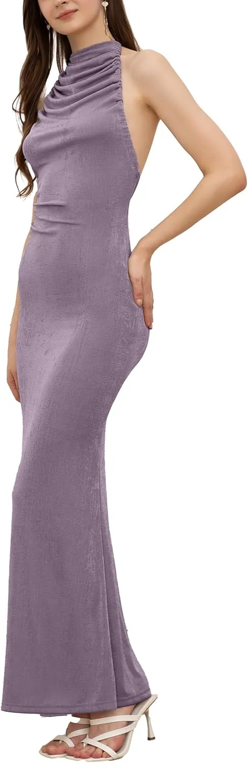Velius Womens Sexy Halter Lace-up Ruched Backless Maxi Dress Clubwear