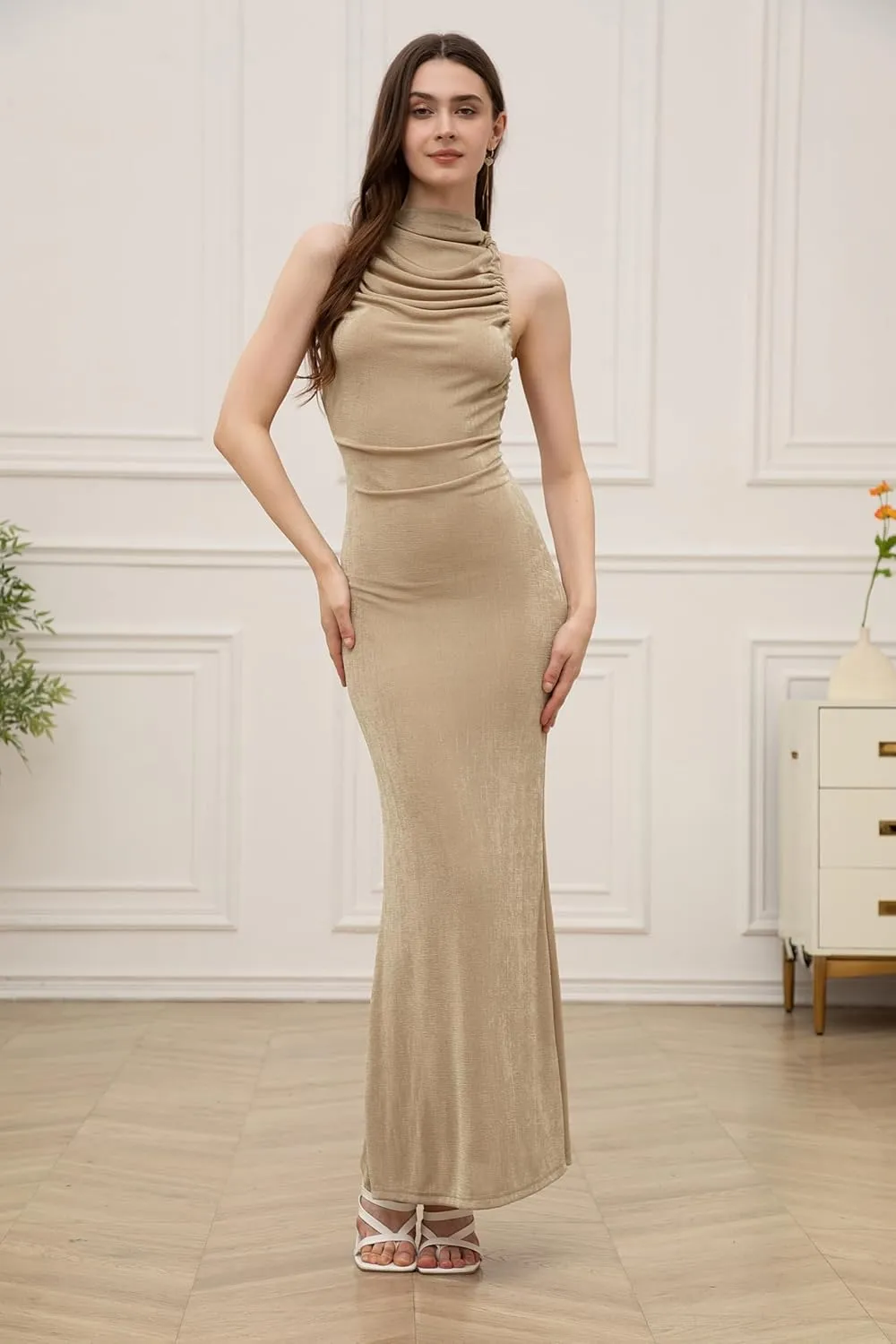 Velius Womens Sexy Halter Lace-up Ruched Backless Maxi Dress Clubwear