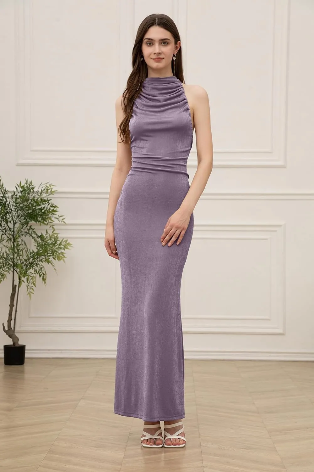 Velius Womens Sexy Halter Lace-up Ruched Backless Maxi Dress Clubwear