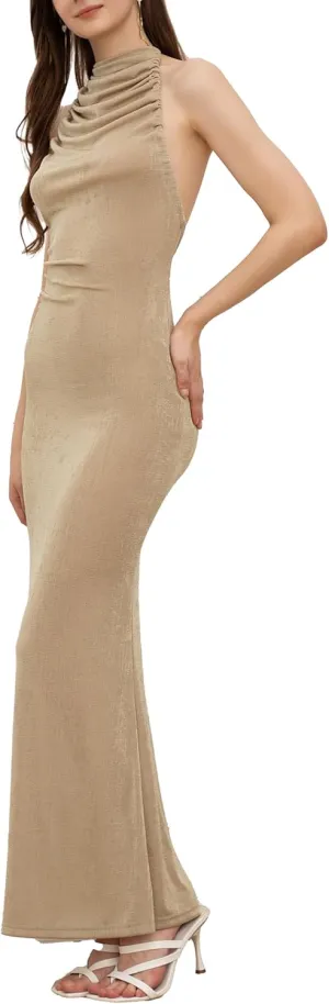 Velius Womens Sexy Halter Lace-up Ruched Backless Maxi Dress Clubwear