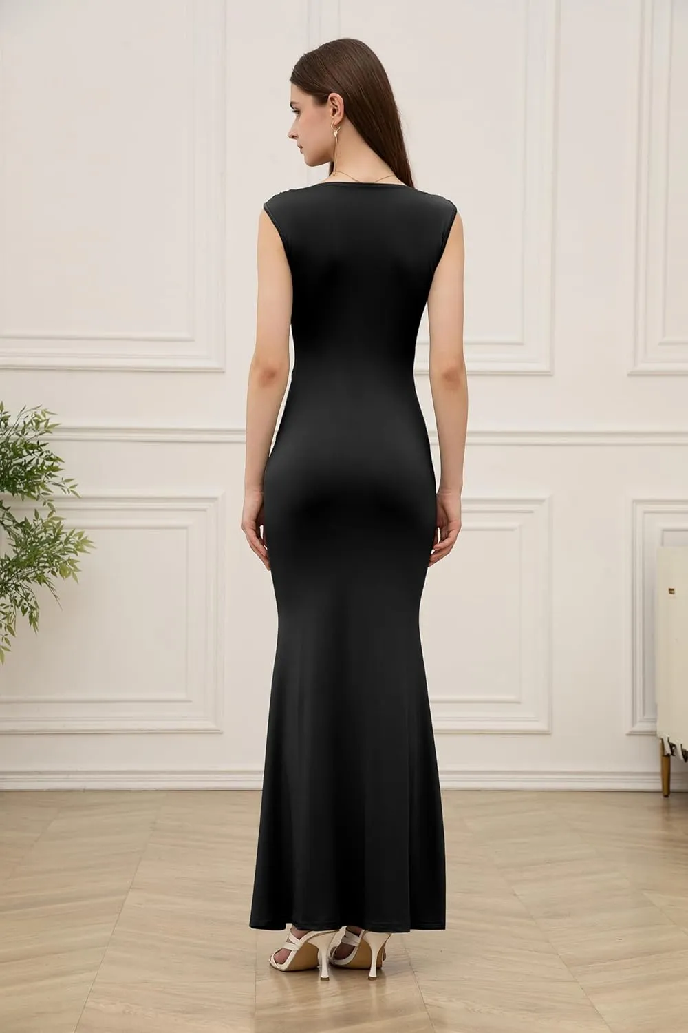 Velius Womens Sexy Sleeveless Ruched Bodycon Maxi Dress Clubwear
