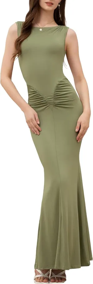 Velius Womens Sexy Sleeveless Ruched Bodycon Maxi Dress Clubwear